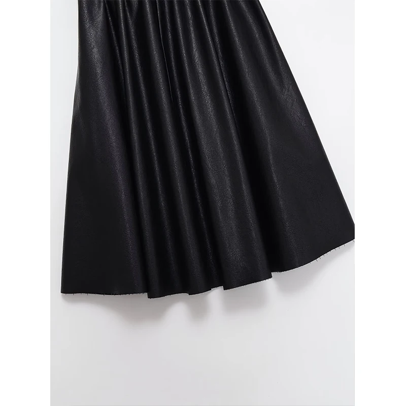 Chic Faux Leather Pleated Long Skirts For Women Fashion 2025 New With Belt Vintage Midi Skirt Street Casual Holiday Skirts ﻿
