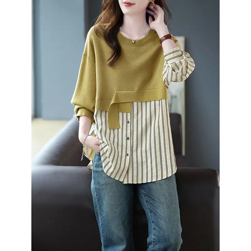 

Spring and Autumn Women's Pullover Round Neck Button Loose Fit Spliced Striped Long Sleeve Shirt Fashion Commuter Casual Tops