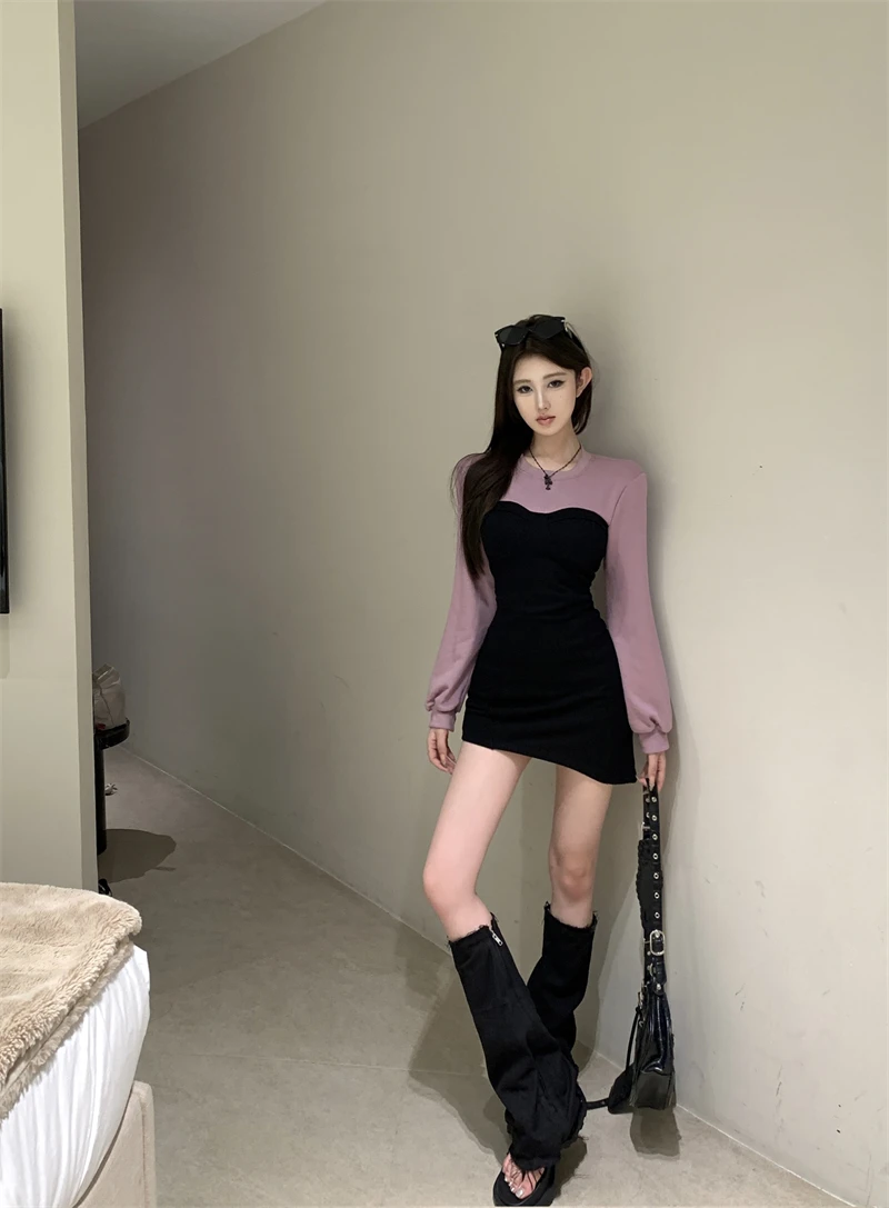Sexy Patchwork Mini Dresses Women Long Sleeve Bodycon Lace-up Hollow Out Y2K Club Party Dress Korean Fashion Autumn New Vestidos