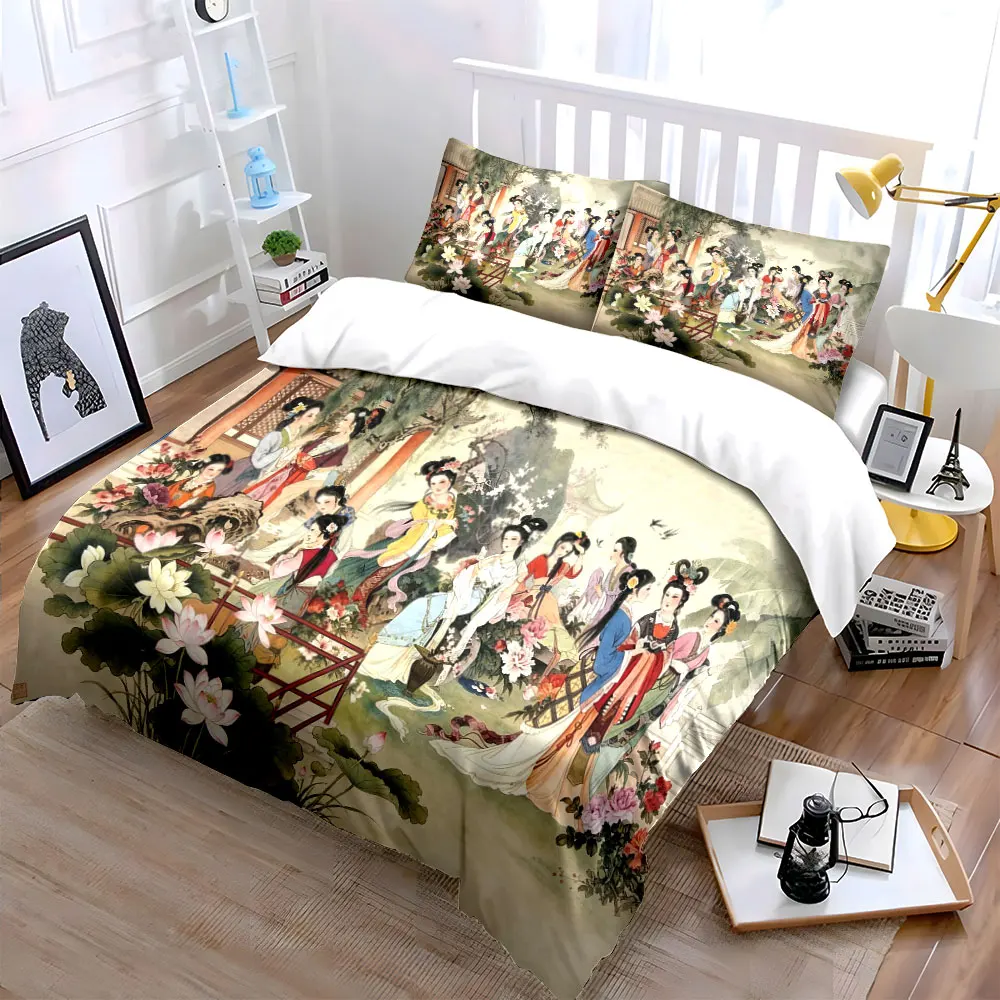 Chinese Ancient Painting Bedding Set,3pcs Elegant Traditional Lady Art Duvet Cover Set,Soft Home Decor Bedding for Bedroom,gift 4