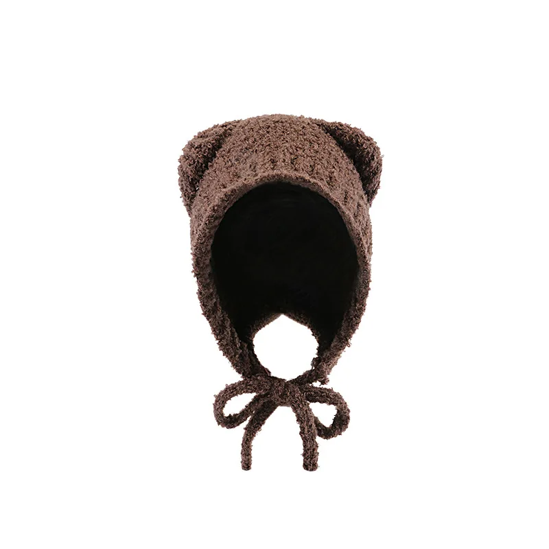 Korean Version INS Cute Bear Ears Warm Bomber Beanie Hat Lady Autumn and Winter Cute Windproof Face Small Earmuffs Knitted Cap