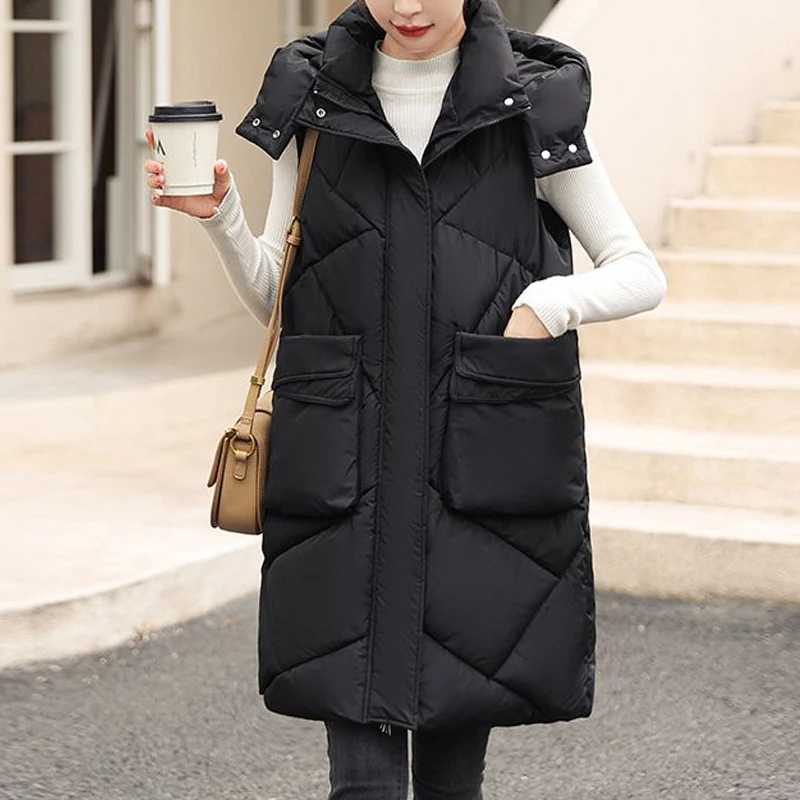 Autumn Winter Women Korean Fashion Sleeveless Down Cotton Padded Vest Coat Casual Loose Zipper Hooded Jacket Mid Length Parkas