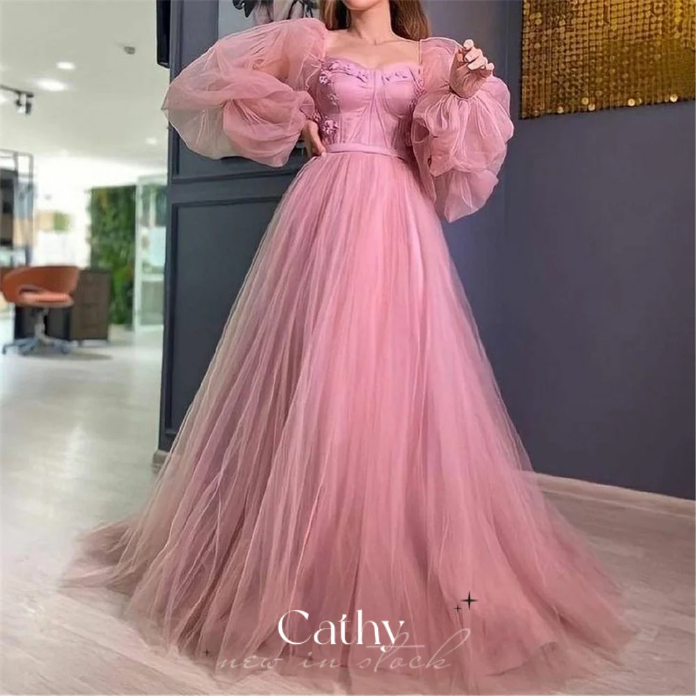 

Cathy Elegant Puffy Sleeve Party Dress Pink Tulle A-line Evening Dresses Square Neck Vestidos De Noche Sweetheart Prom Dress