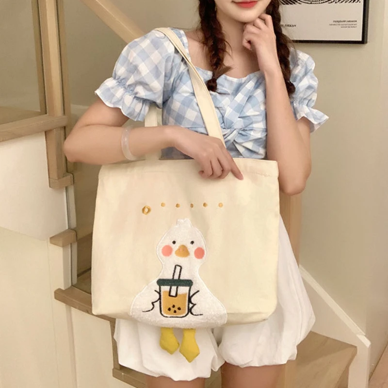 Lovely Canvas Bag Girls College Students Embroidered Shoulder Class Bag Commuting Fashion Large Capacity Canvas Bag
