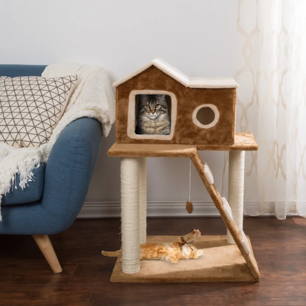 

3-storey cat tree-plush multi-storey cat tower, cat apartment with scratching column, climbing ladder and kitten hanging toy