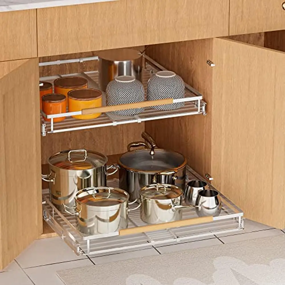 Expandable Stainless Steel Pull Out Drawer Organizer 2 Pack Sliding Shelf Kitchen Bathroom Office Durable Easy-to-Clean Storage
