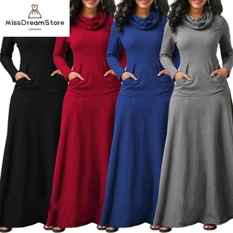

Elegant Long Maxi Dress Autumn Winter Warm High Collar Women Long-sleeved Dress 2023 Woman Clothing With Pocket