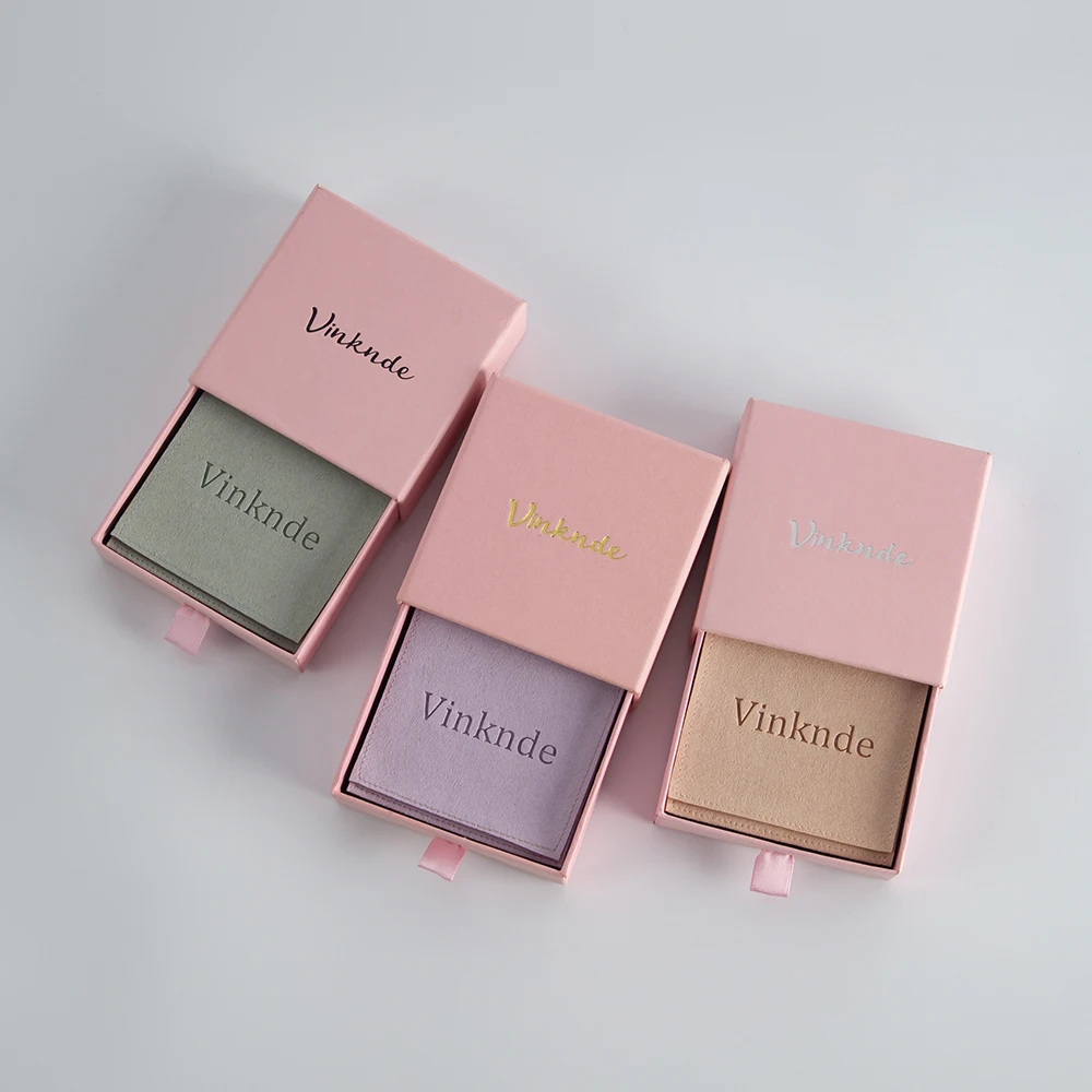 100Sets Jewelry Packaging Mini Envelope Flap Microfiber Jewelry Print Logo Pouch and 100pcs  Pink Drawer Print Logo Paper Box