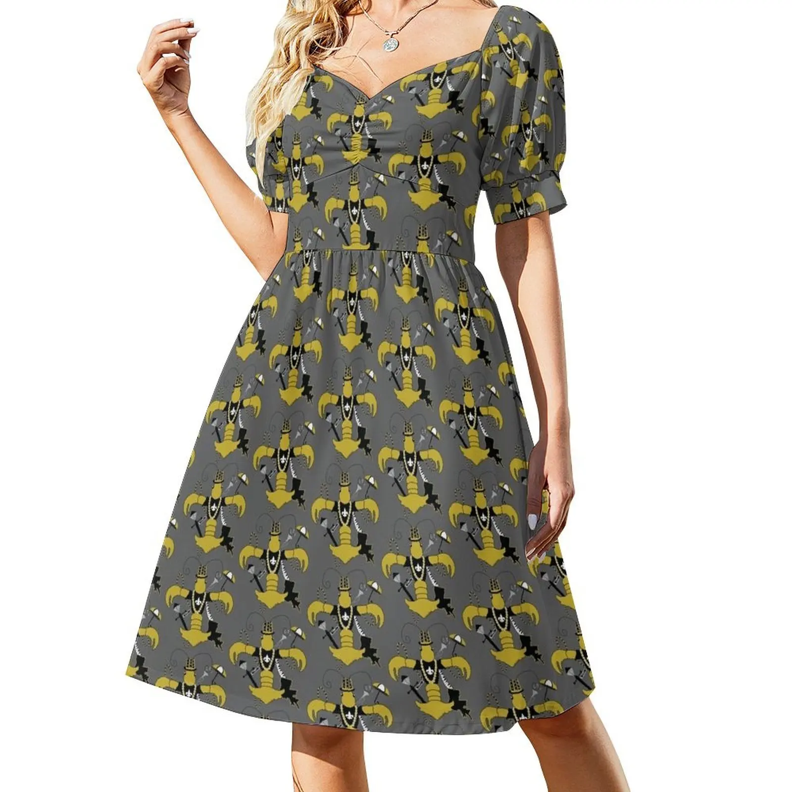 thumbnail image 1 of Vestido Orleans negro y dorado Louisiana Craw Fleur de Lis de manga corta vestidos de manga larga vestido de verano para mujer, 1 of 8