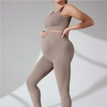 Pregnant Women Yoga Workout Outfit Maternity Seamless Crop Tank Top + Belly Support Leggings Stretchy Pregnancy Two-piece Set