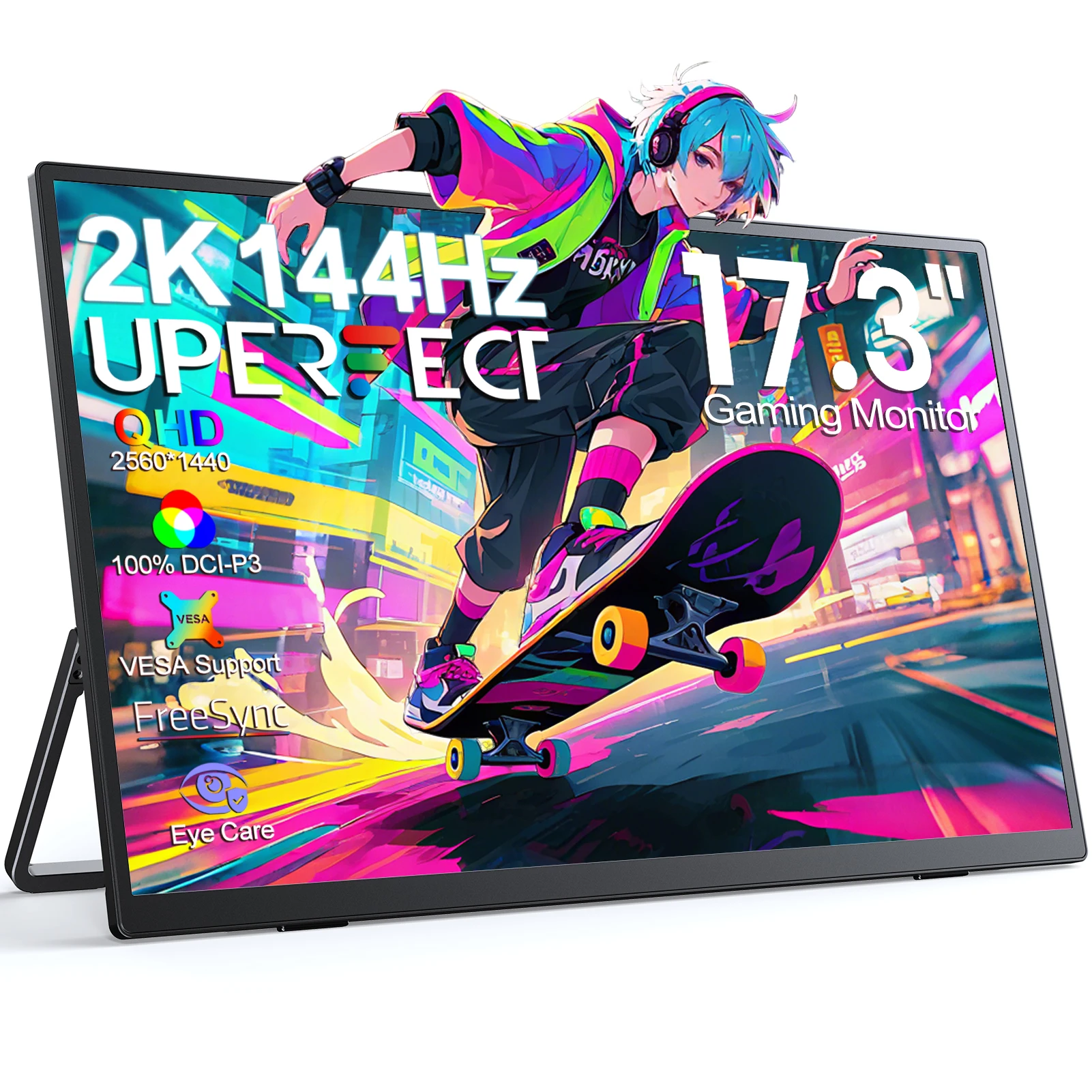 UPERFECT 400Nits 2K 144Hz Moniteur portable 17,3 pouces 2560x1440P Écran IPS pour les jeux de voyage, ordinateur portable, téléphone, console de jeu, Steam Deck, commutateur PS4/5, écran HDR avec support de couverture