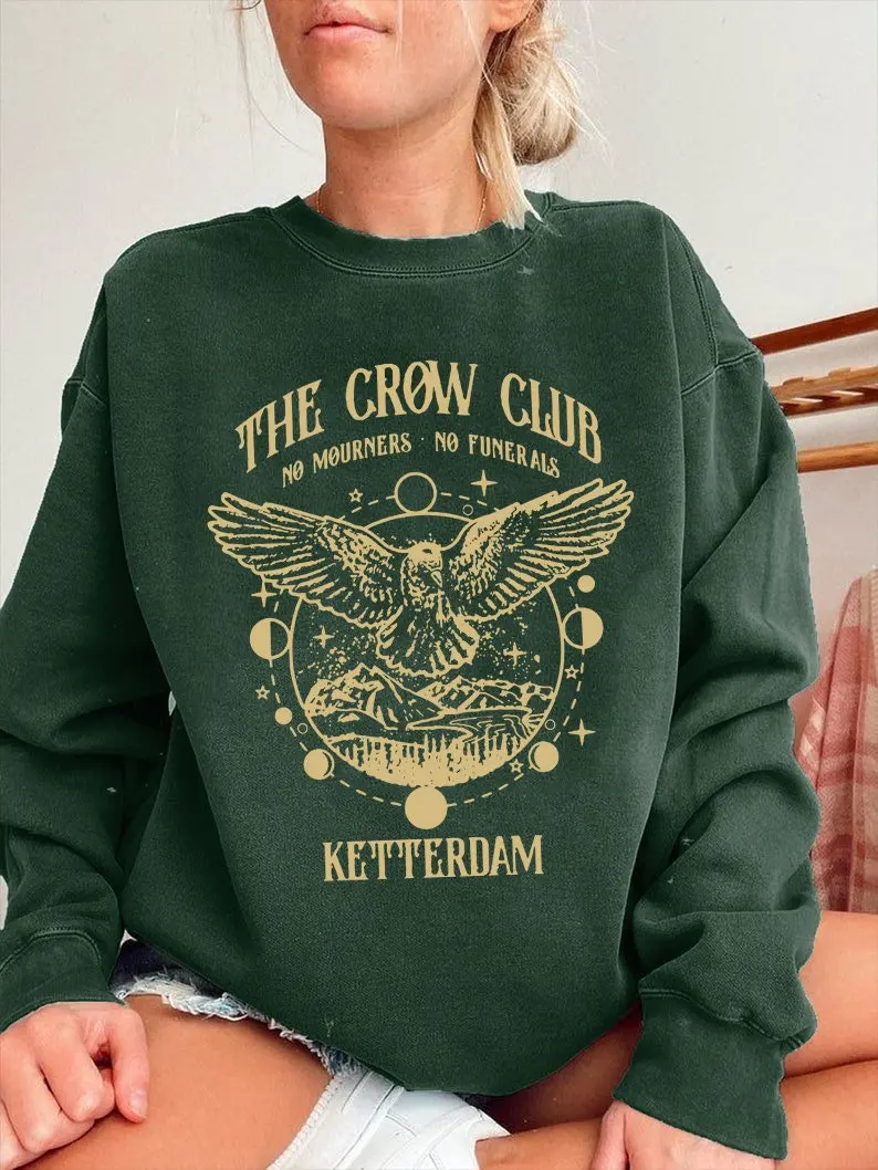 

The Crow Club No Mourners No Funerls Ketterdam Slogan Women Sweatshirt Vintage Cartoon Eagle Soaring in The Mountains Print Tops