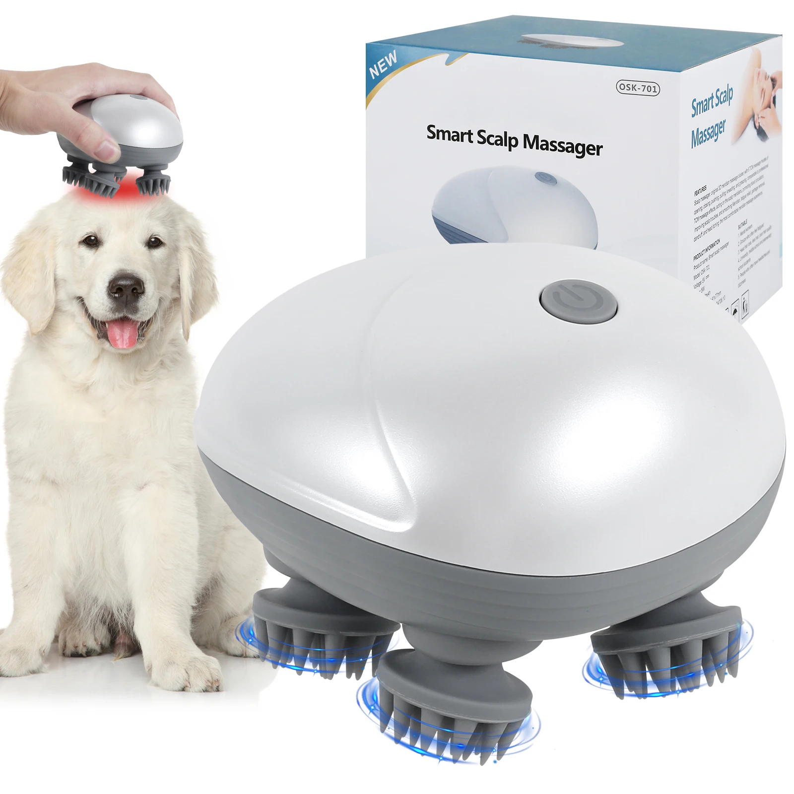 

New Electric Pet Massager Portable Handheld Pet Scalp Massager with 4 Massage Heads 3 Modes USB Rechargeable Waterproof Dog Cat