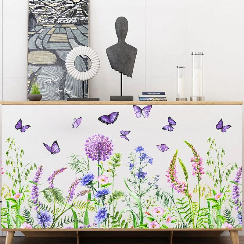 Purple Flower Wall Decals Plants Butterfly Wall Sticker Wildflowers