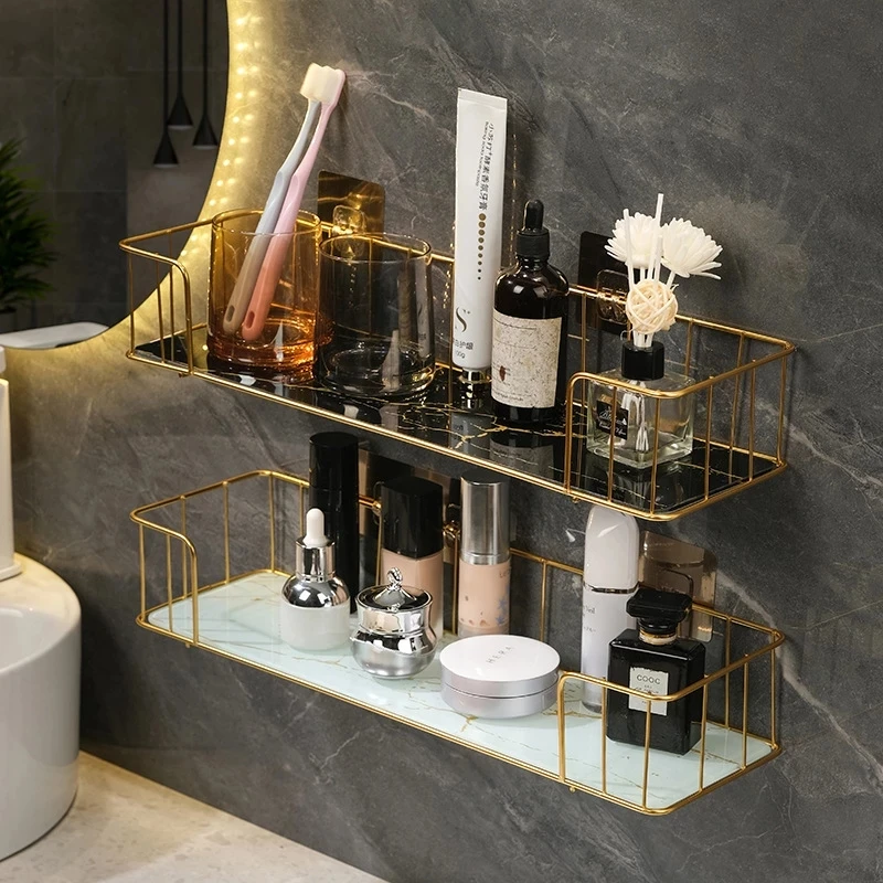 

Style Plate Glass Luxury Without Marble Bathroom Iron Storage Shelf Makeup With Wall Accessories Rack Drilling