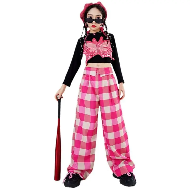 

Girls Hip Hop Cool Pink T Shirt Street Dance Pants Kids Fashion Plaid Sweatpants Children Streetwear Teenage Jazz Clothes Sets