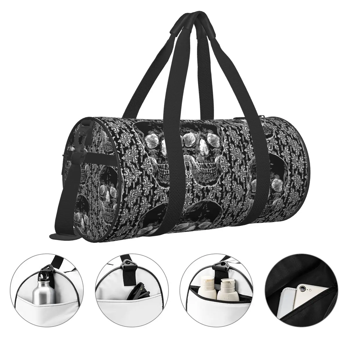 Goth Skull With Weird Flower Sports Bags Cool Training Gym Bag Large Retro Handbags Couple Design Waterproof Fitness Bag 3