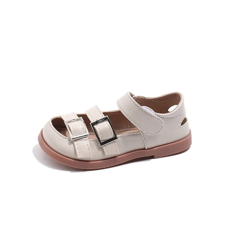 Girls Half Sandals 2024 Spring Summer Fashion New Kids Summer Shoes Leather with Metal Buckles Cut-outs Breathable Popular Soft 6
