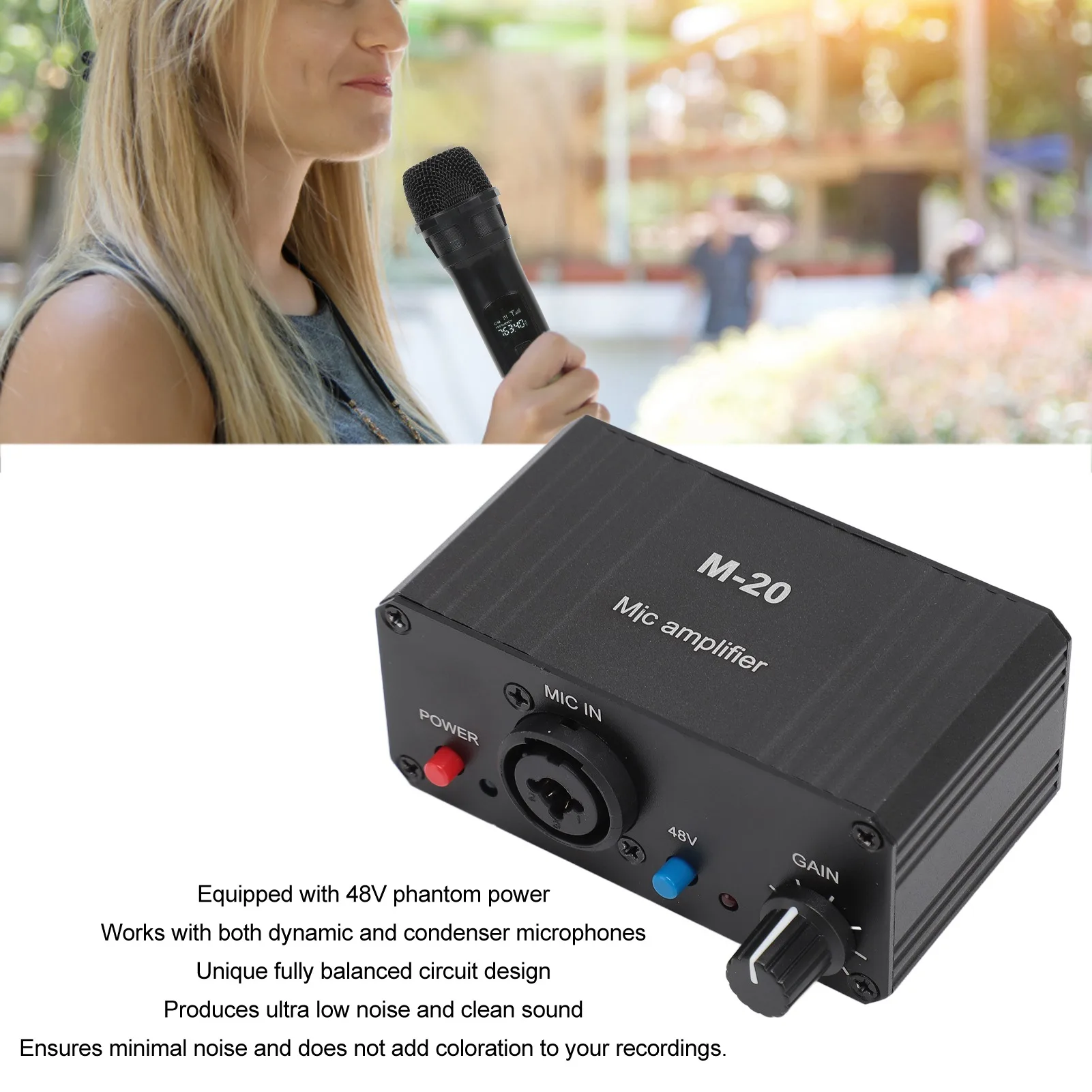Microphone Preamp Black Metal Case XLR Output 48V Phantom Power Compact High Gain Microphone Booster for Condenser Microphone