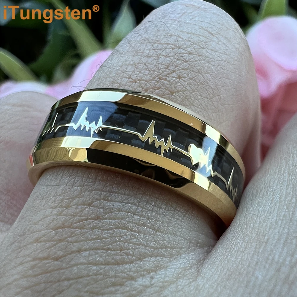 iTungsten 8mm Beautiful Heartbeat Ring Men Women Tungsten Wedding Band Fashion Jewelry Black Carbon Fiber Inlay Free Shipping
