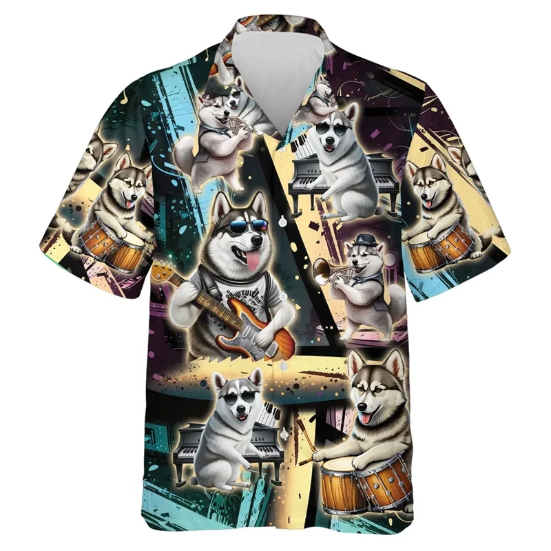 thumbnail image 1 of Camisas de playa con estampado 3D de perros y música, divertidas camisas de manga corta con un solo botón y gráfico de perro mascota para hombres, blusas con solapa, 1 of 4