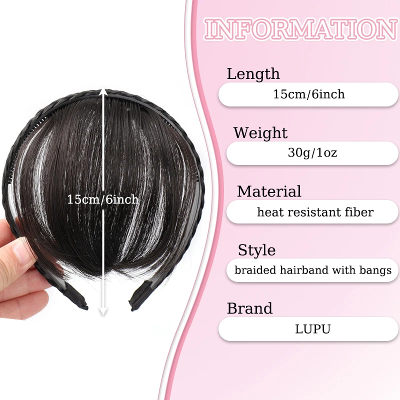 Synthetic Braided Headband with Hair Bangs Wig Blunt Bangs with Hairband Hairpiece for Girs Kids Daily Use Hair Accessories