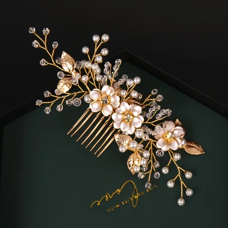 Handmade Gold Color Flower Hair Comb Pearl Rhinestone Flower Hair Accessories For Women Bride Wedding Accessories Tiara Headband