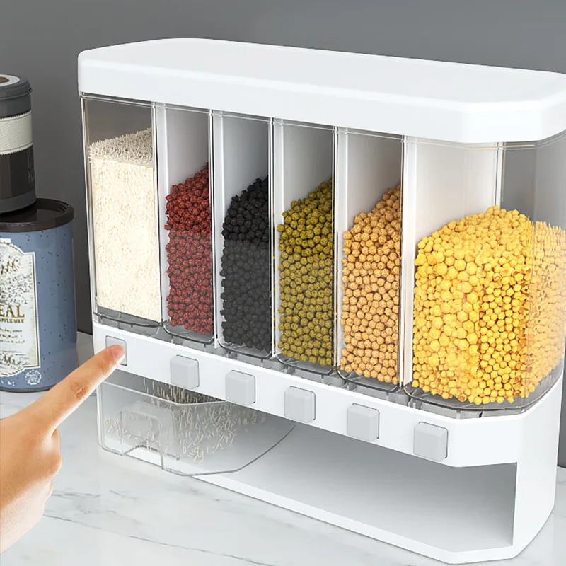 

Wall Mounted Bucket Splitter Rice Cereal Dispenser Moisture Proof Plastic Automatic Rack Sealed Metering Food Storage Boxes