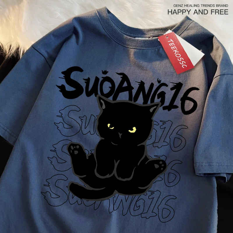 Fun Black Cat Print Japanese Style Men Women T-Shirt Fashion Clothing Cotton Tops Fashion Summer Tee Clothes Oversized Tshirt