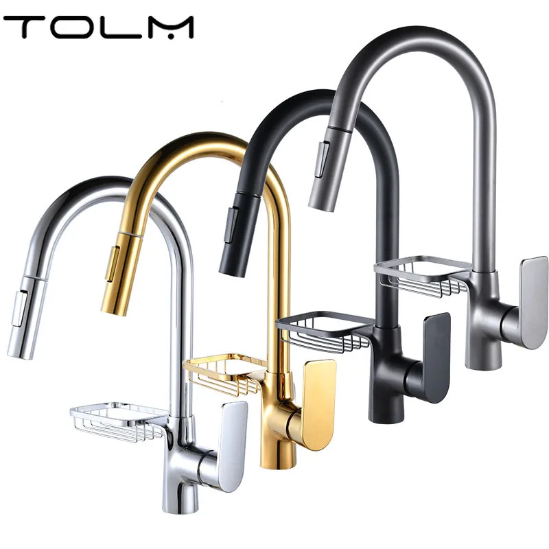 Tolm Pull Out Kitchen Faucet Black/gold/gray Kitchen Sink Mixer Tap Kitchen Faucet Vanity Water Tap Rotating With Basket Holder