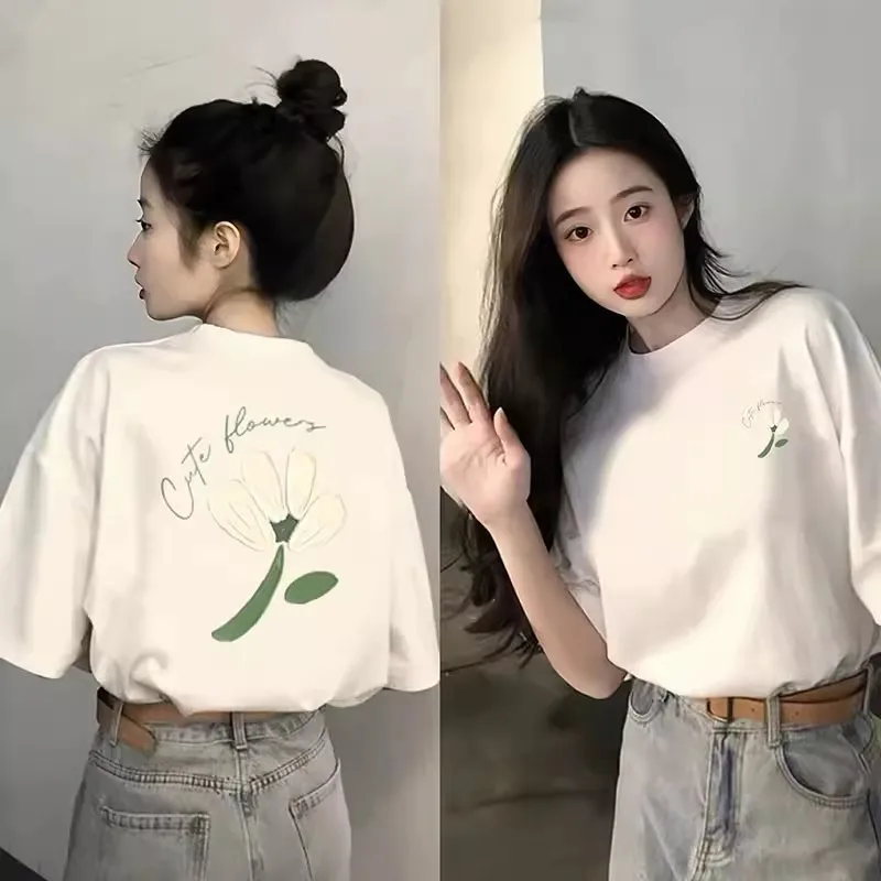 Heavyweight Pure Cotton Summer Short Sleeves T-shirt Printed Loose Niche College Style Youth All-Match Top 3