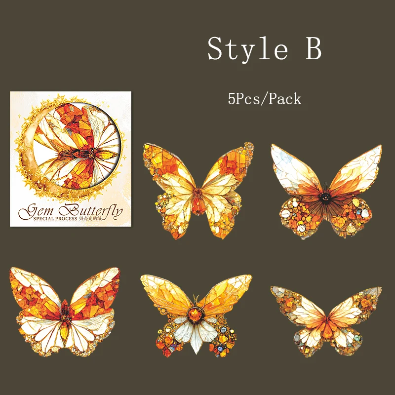 Set of 5 Glitter Butterfly Decorative Stickers for Journaling and Scrapbooking