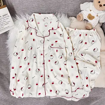 طقم بيجامة ياباني لطيف كاواي هالو كيتي بأكمام طويلة ملابس نوم نسائية ناعمة ملابس منزلية ملابس نوم لربيع الخريف 2