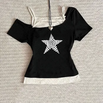 Aesthetic Gothic Punk Streetwear Women Casual 90s Vintage Grunge Star Graphic Print Short Sleeve T-Shirt Y2k Crop Tops Emo Girls 1