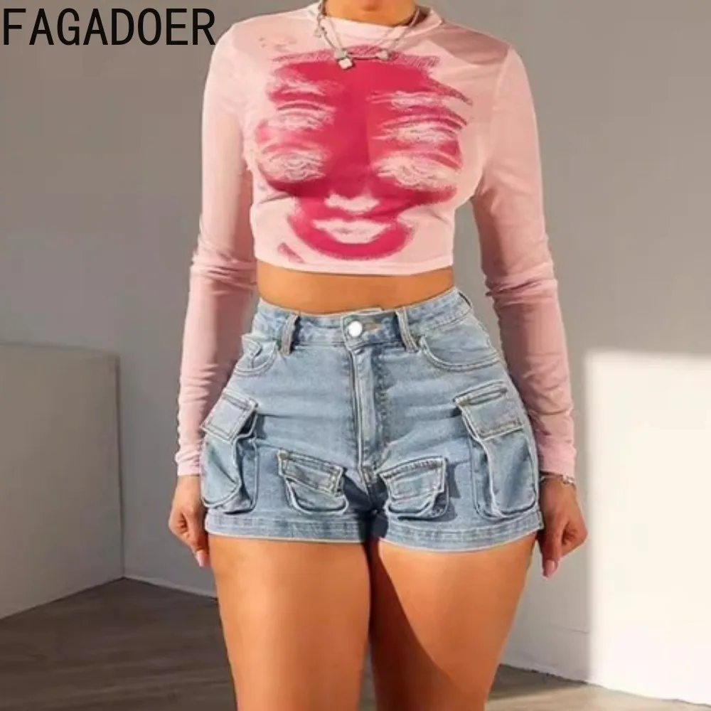 FAGADOER Blue Denim Fashion Pocket Cargo Shorts Women High Waist Button Jean Shorts Summer New Female Solid Cowboy Bottoms 2024