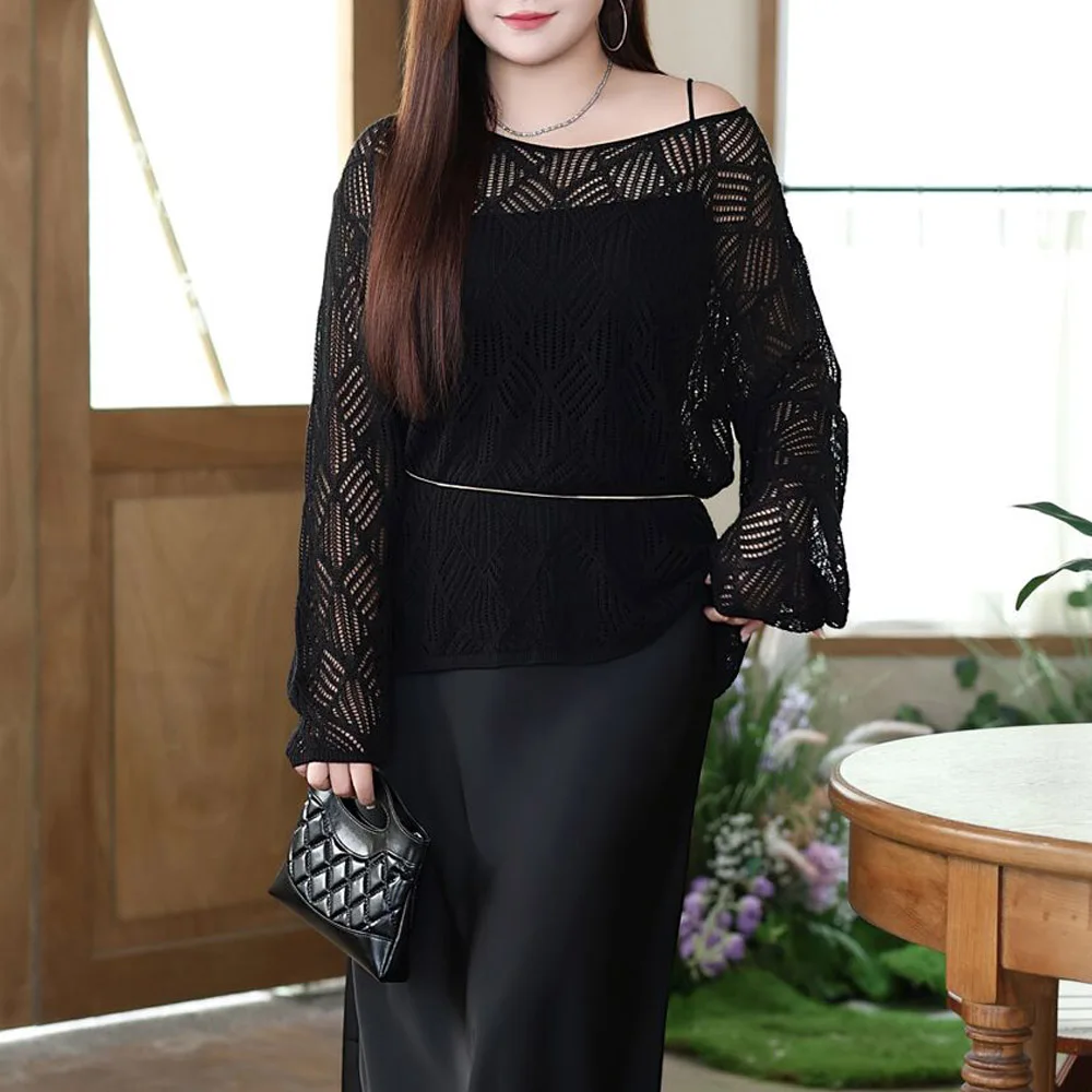 Plus Size Women's Cover-Up Premium French Casual Hollow Knit Outside With Smock Loose Autumn 2025