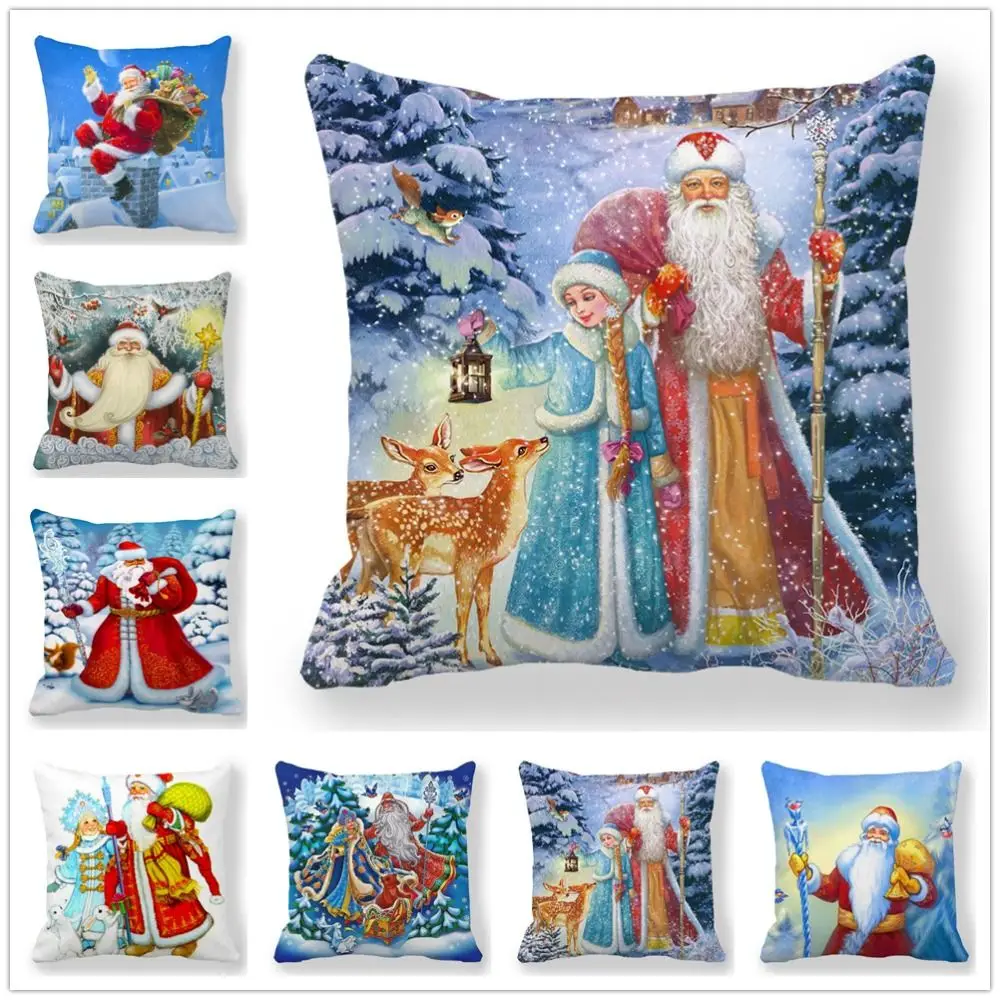 

Santa Elk Print Pillowslip Christmas Pillow Covers Peach Pippin Velvet Oil Painting Design Cushion Cover 45x45cm Home Sofa Decor