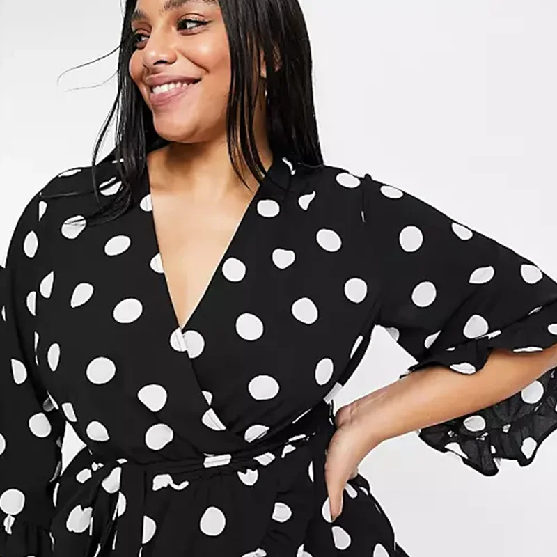 Plus Size Summer Elegant Polka Dot Print Peplum Blouse Tie Waist