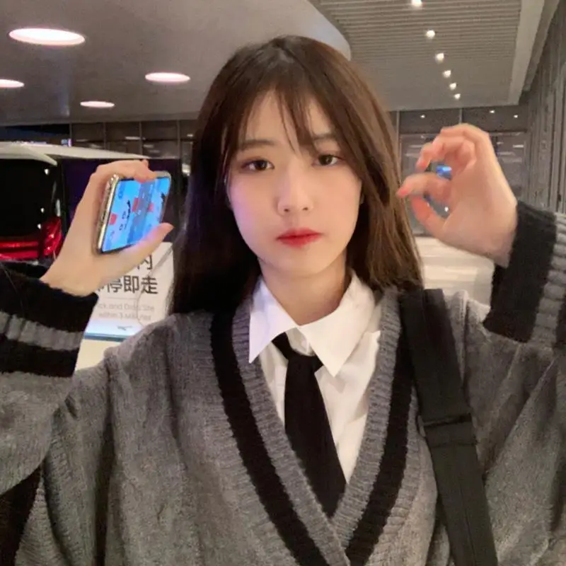 Cárdigan de punto a rayas gris Deeptown para mujer estilo coreano Haruku Ovsize Jump Preppy moda femenina Tops_voghion.com