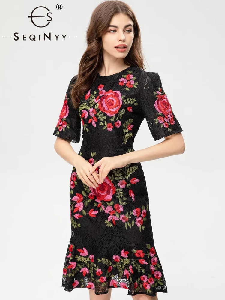 

SEQINYY Black Slim Dress Summer Spring New Fashion Design Women Runway High Street Embroidery Red Flowers Lace Mini Casual
