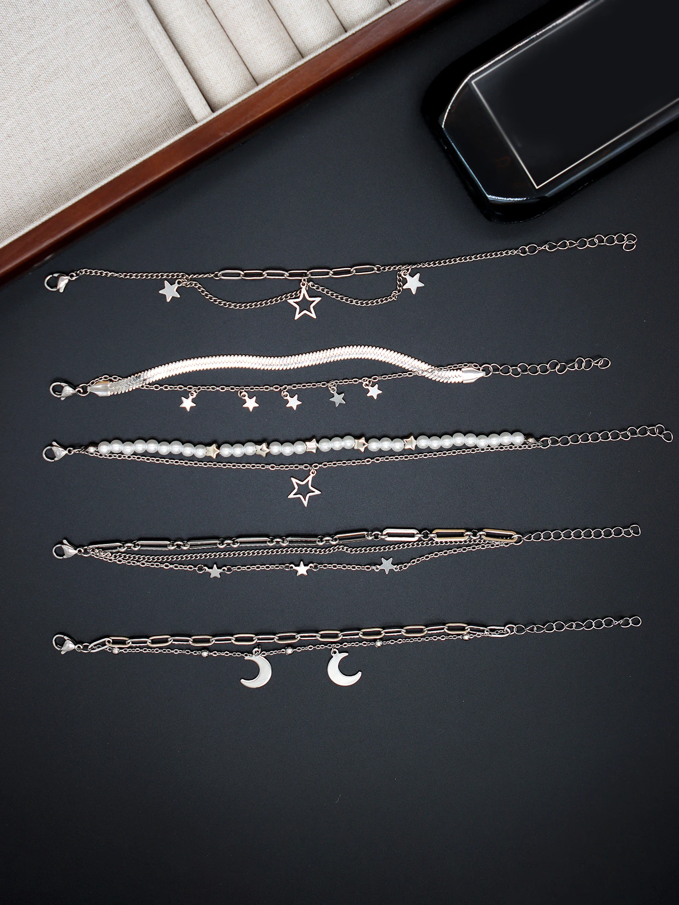 Stainless Steel Minimalism Bracelet Set Star Moon Charms Jewelry