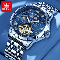 OLEVS 6689 Automatic Watch for Men Starry Sky Tourbillon Design Moon Phase Date Stainless steel Luminous Waterproof Wristwatch