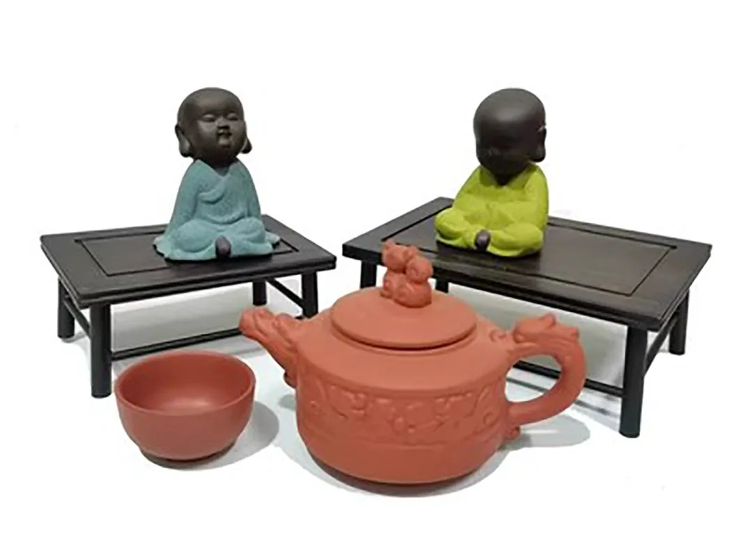 Rectangular Base Purple Sand Teapot Decoration Bracket, Buddha Statue, Potted Plant, Retro Chinese Style Wooden Tray