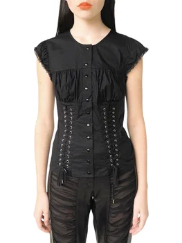 Women Lace Tops 1/4 Sleeve Round Neck Ruffle Buttons Party Casual Spring Summer Black Shirt 1