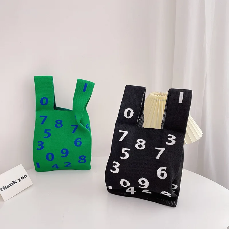 Knitting Fabric Women Handbag Coloured Numbers Design Eco Small Shopping Bag Decoration Purses Tote For Ladies Keys Pouch