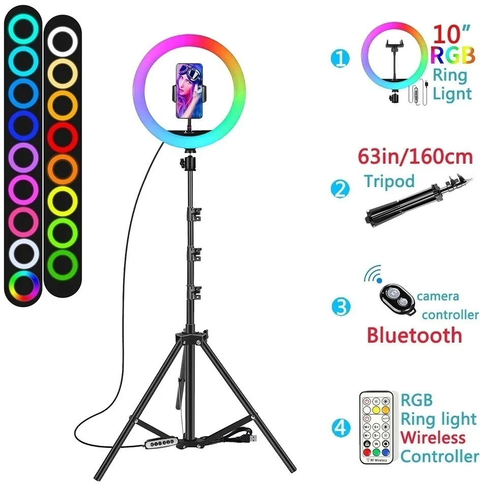 12in 30cm Selfie Ring Light RGB Tripod Phone Stand Holder Photography RingLight Circle Fill Light Led Color Lamp Trepied Makeup