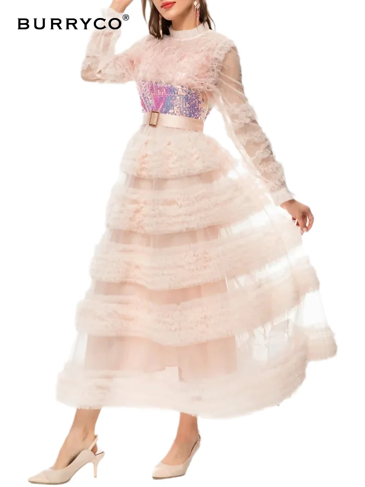 

BURRYCO 2023 Summer Fairy French Gentle Dress Sequin Mesh Panel Waistband Large Swing Slim Dress