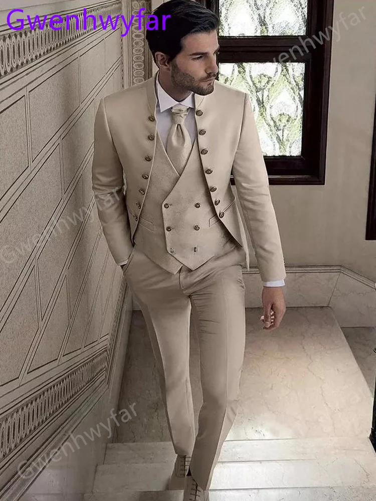 

Весна 2023, мужские костюмы Gwenhwyfar, модный воротник-стойка, облегающие мужские свадебные костюмы хаки, смокинг для жениха, костюмы в деловом стиле