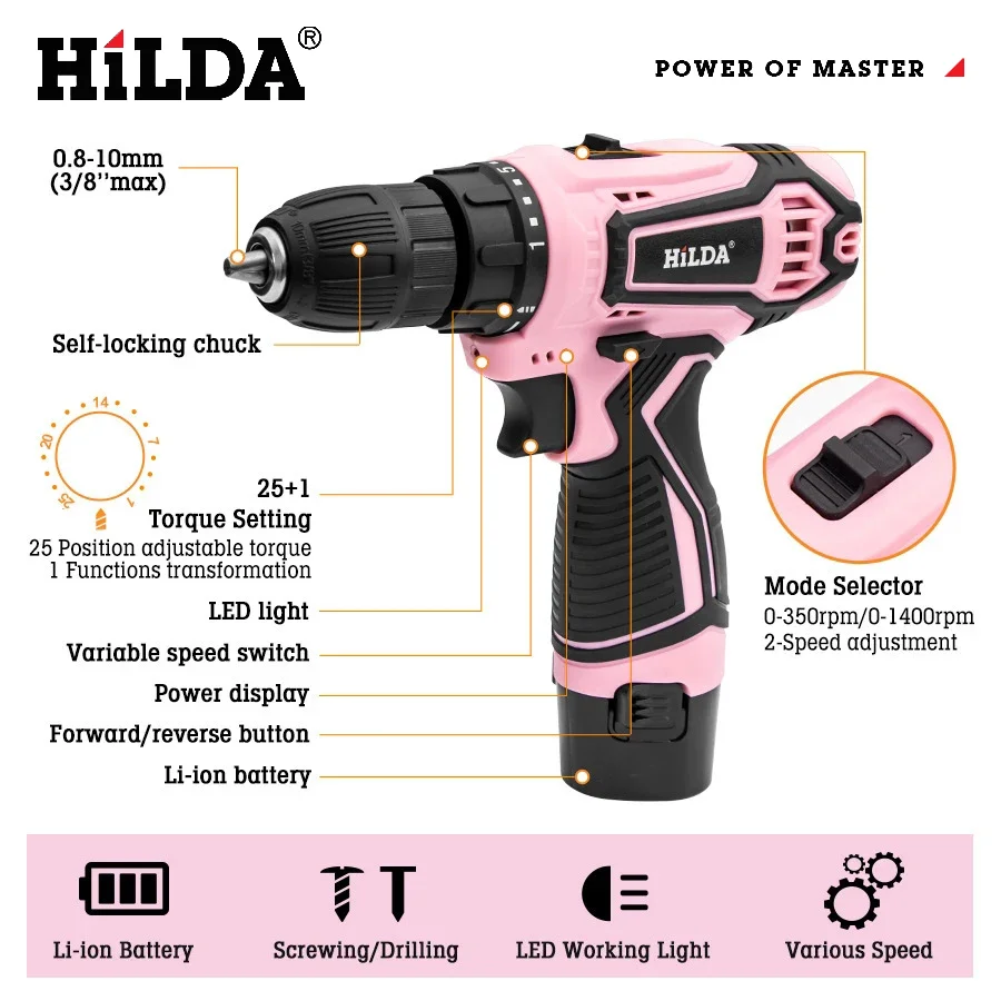 HILDA Electric Drill 12V Cordless Drill Electric Screwdriver Mini Wireless Power Driver DC Lithium-Ion Battery 6