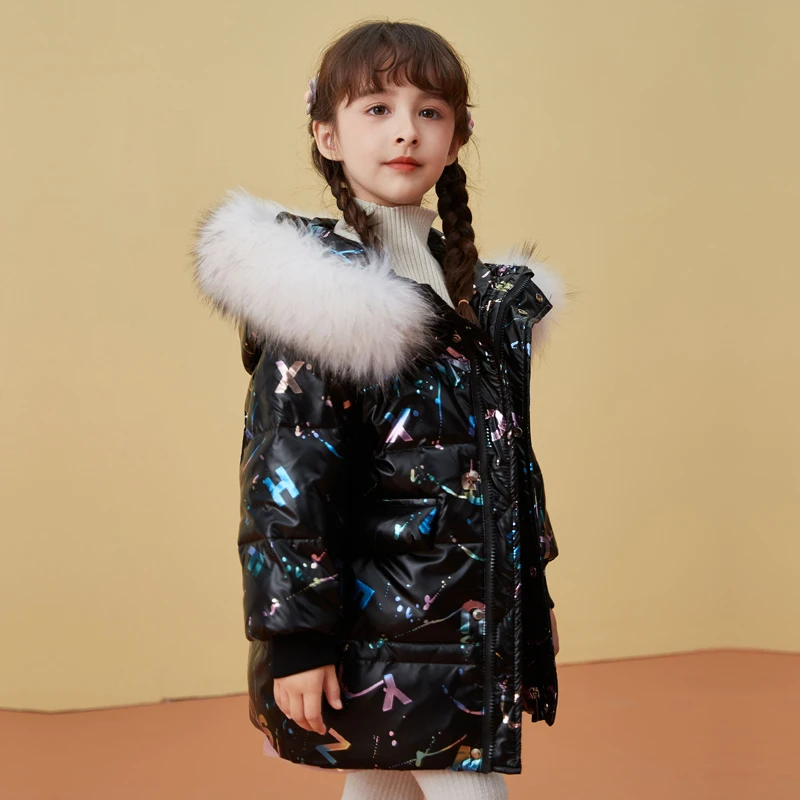 HSSCZL girls duck down jacket long small girl 2022 new winter thicken outerwear overcoat hooded fur collar children&s clothes